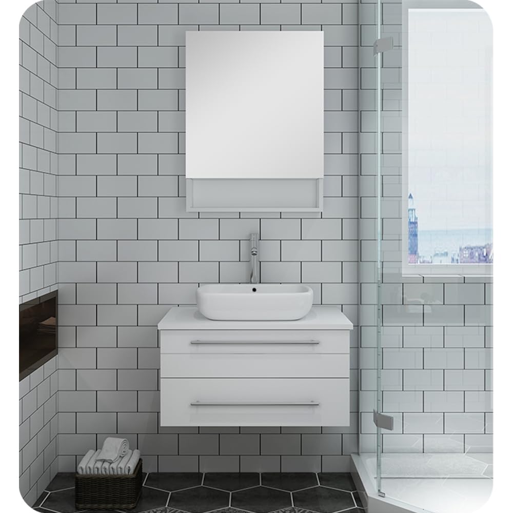 Fresca FVN6130WH-VSL Fresca Lucera 30" White Wall Hung Vessel Sink Modern Bathroom Vanity w/ Medicine Cabinet
