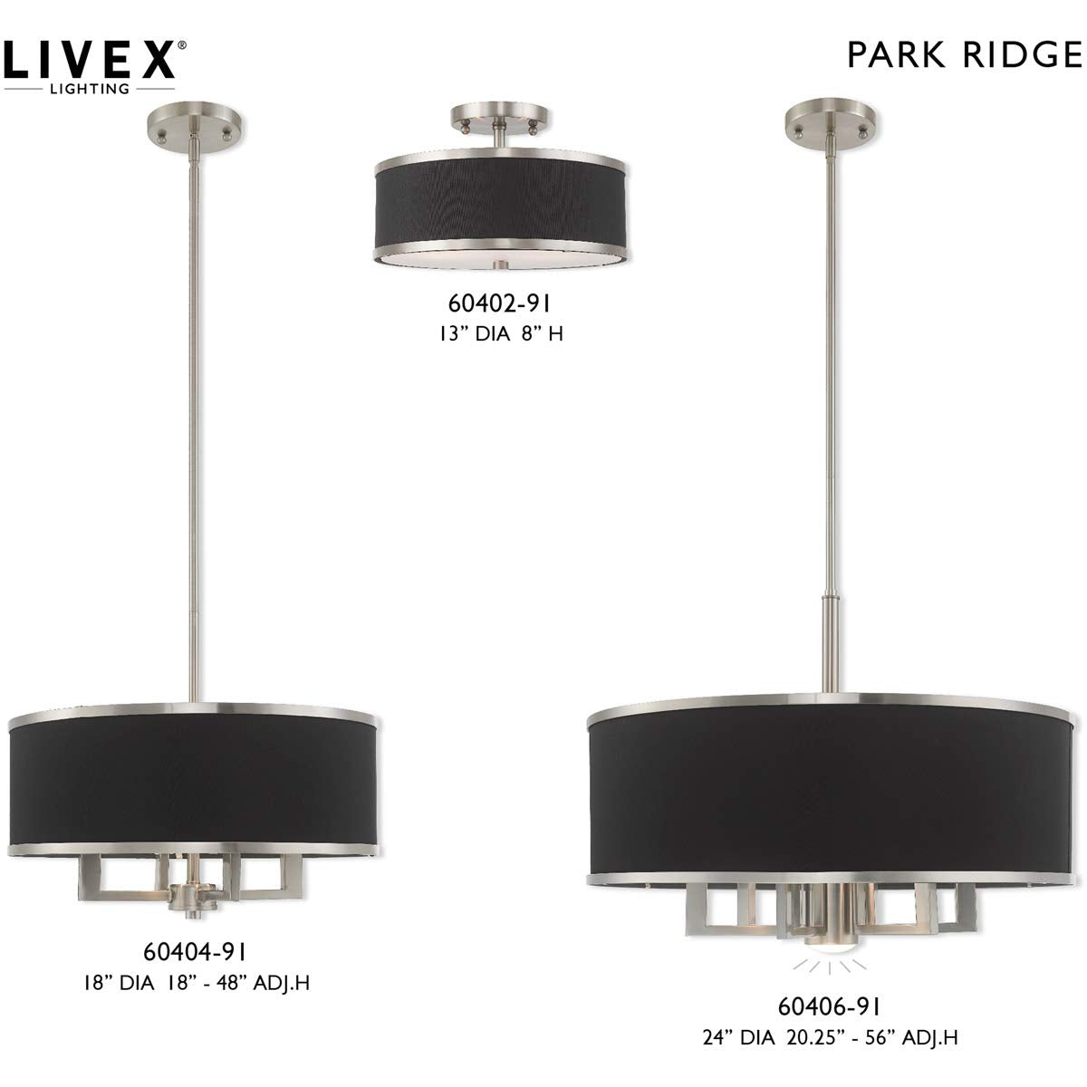 Livex Lighting 60404-91 Park Ridge - Four Light Chandelier, Brushed Nickel Finish with Black Fabric Shade