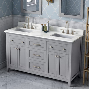 Jeffrey Alexander VKITCHA60GRCQR 60" Grey Chatham Vanity, double bowl, Calacatta Vienna Quartz Vanity Top, two undermount rectangle bowls