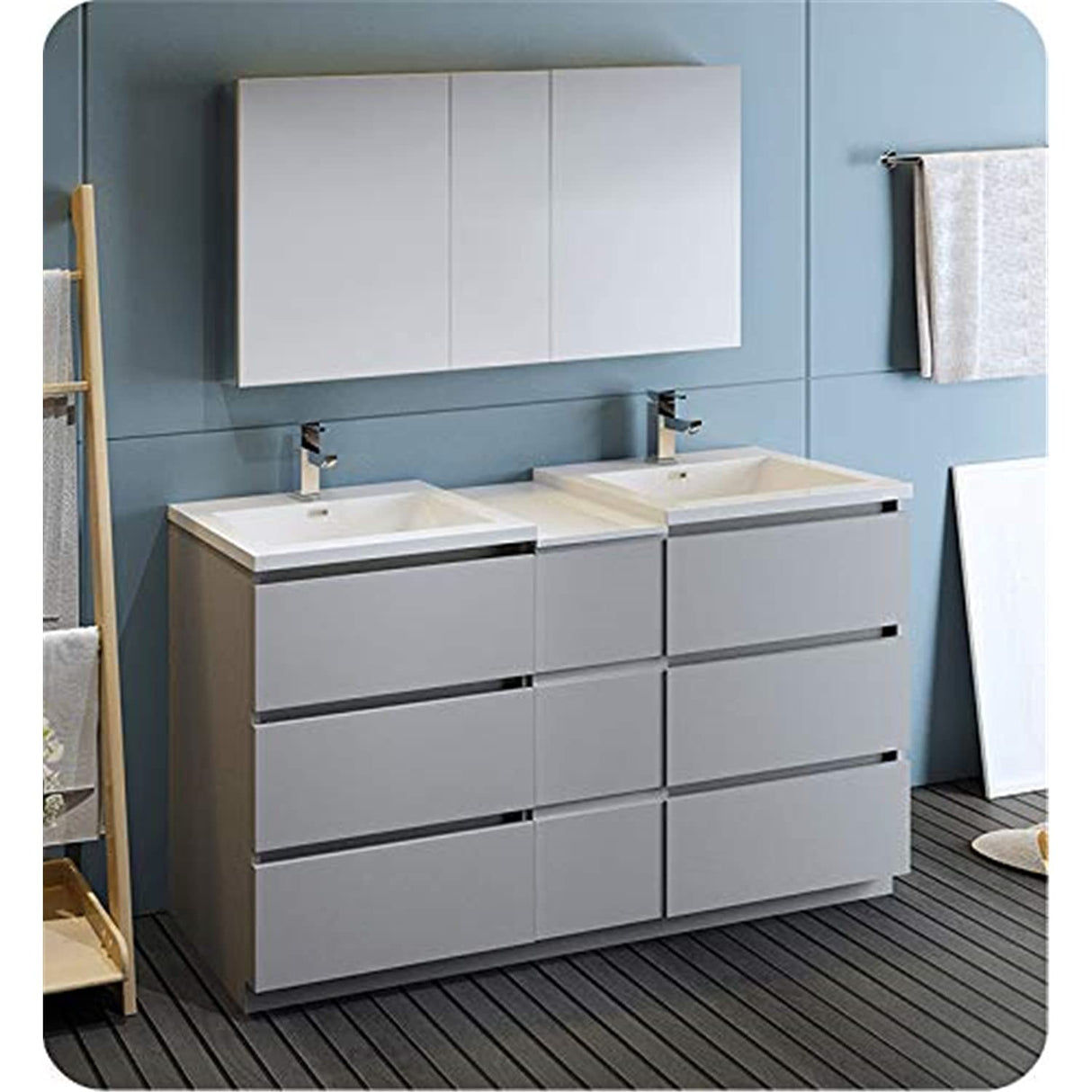 Fresca FVN93-241224GR-D Fresca Lazzaro 60" Gray Free Standing Double Sink Modern Bathroom Vanity w/ Medicine Cabinet