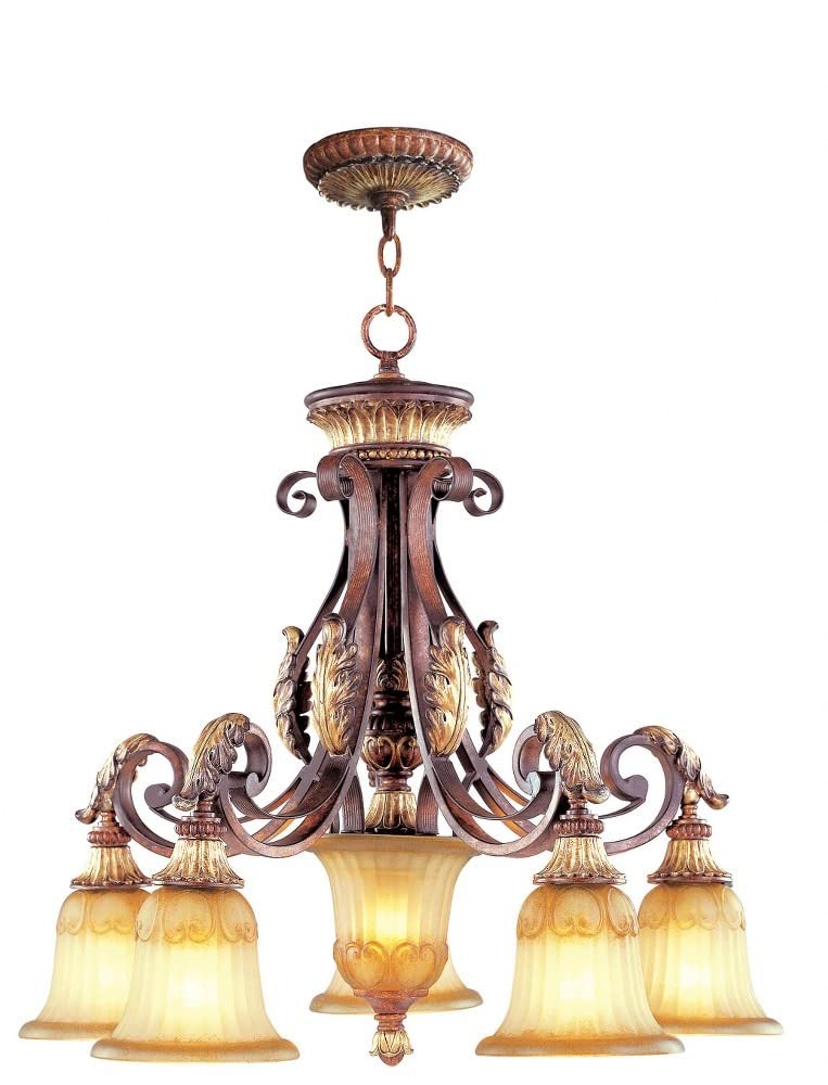 Livex Lighting 8575-63 Villa Verona 5 Light Verona Bronze Finish Chandelier with Aged Gold Leaf Accents and Rustic Art Glass