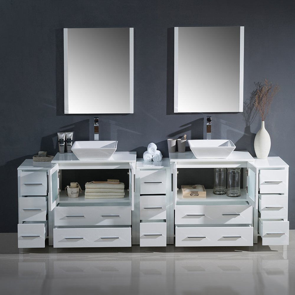 Fresca FVN62-96WH-VSL Fresca Torino 96" White Modern Double Sink Bathroom Vanity w/ 3 Side Cabinets & Vessel Sinks