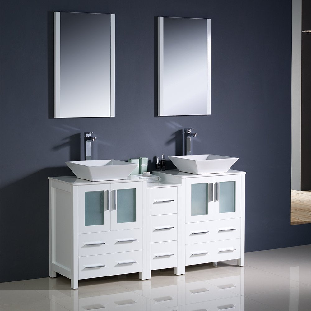 Fresca FVN62-241224WH-VSL Fresca Torino 60" White Modern Double Sink Bathroom Vanity w/ Side Cabinet & Vessel Sinks