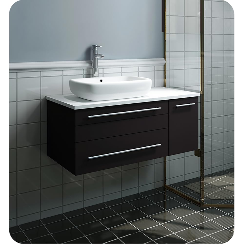 Fresca FCB6136ES-VSL-R-CWH-V Fresca Lucera 36" Espresso Wall Hung Modern Bathroom Cabinet w/ Top & Vessel Sink - Right Version