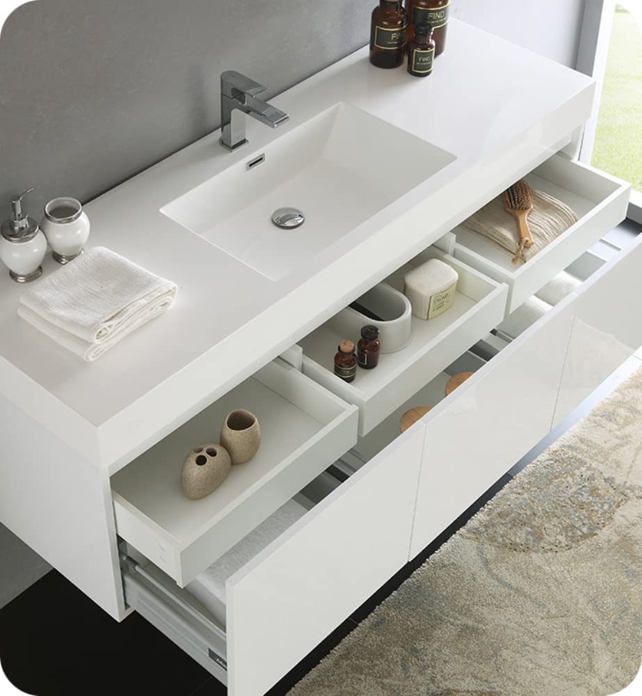 Fresca FCB8041WH Fresca Mezzo 60" White Wall Hung Single Sink Modern Bathroom Cabinet