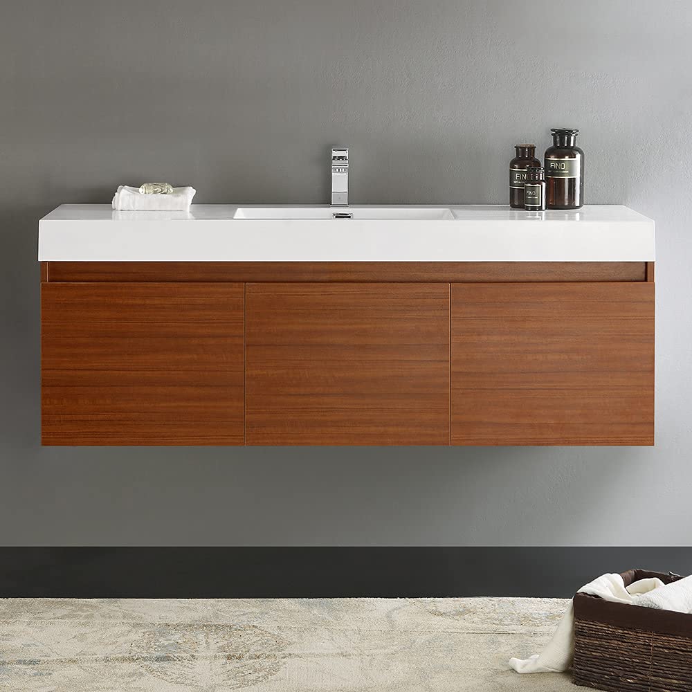 Fresca FCB8041WH-I Fresca Mezzo 60" White Wall Hung Single Sink Modern Bathroom Cabinet w/ Integrated Sink