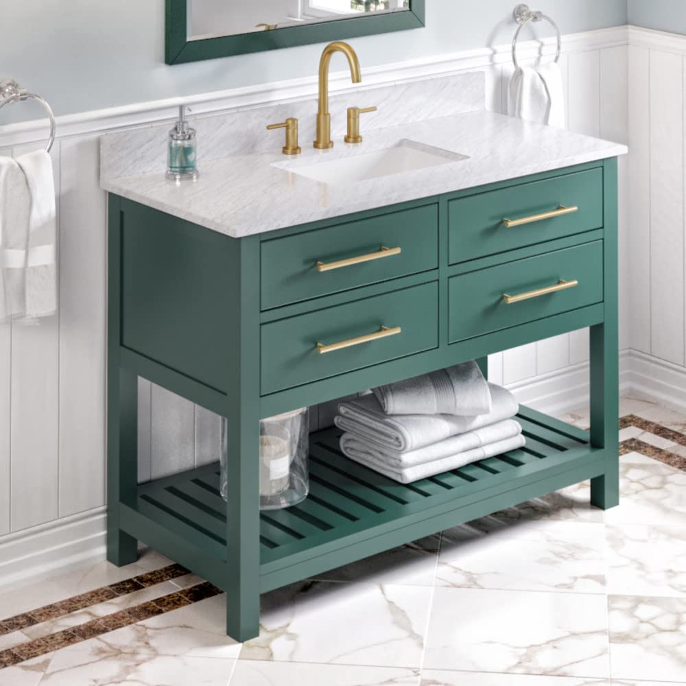 Jeffrey Alexander VKITWAV48GNWCR 48" Forest Green Wavecrest Vanity, White Carrara Marble Vanity Top, undermount rectangle bowl