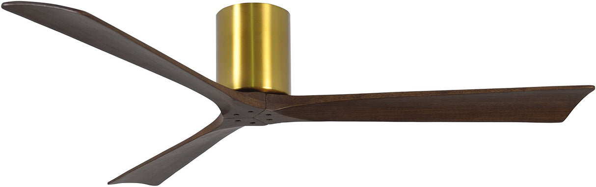 Matthews Fan IR3H-BRBR-WA-60 Irene-3H three-blade flush mount paddle fan in Brushed Brass finish with 60” solid walnut tone blades. 