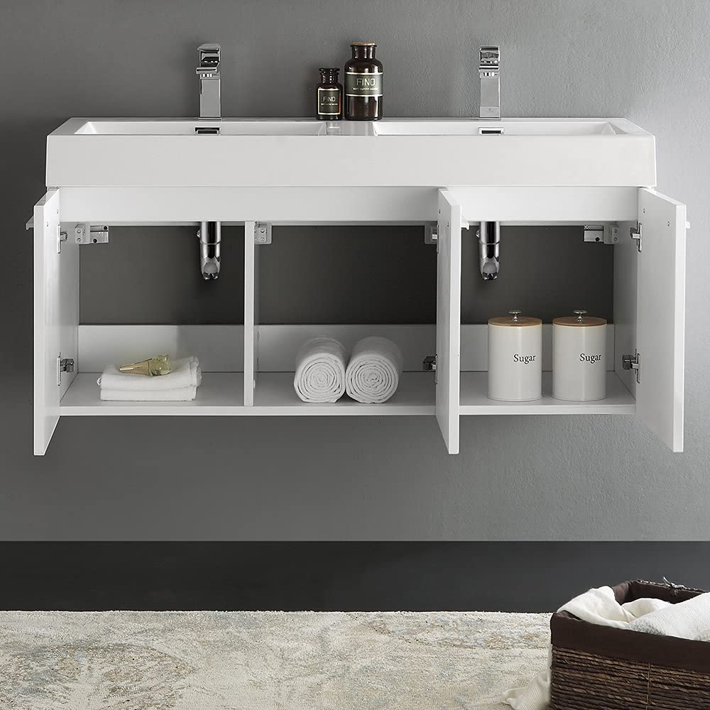 Fresca FCB8092WH-D-I Fresca Vista 48" White Wall Hung Double Sink Modern Bathroom Cabinet w/ Integrated Sink