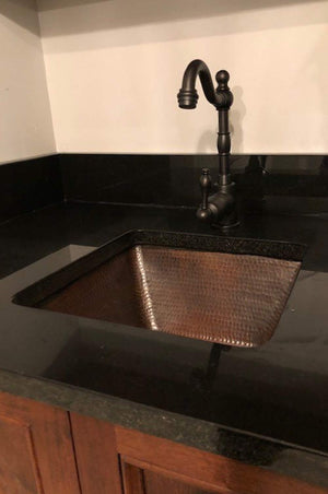 Premier Copper Products BS15DB3 15-Inch Universal Square Hammered Copper Sink With 3.5-Inch Drain Size, Oil Rubbed Bronze