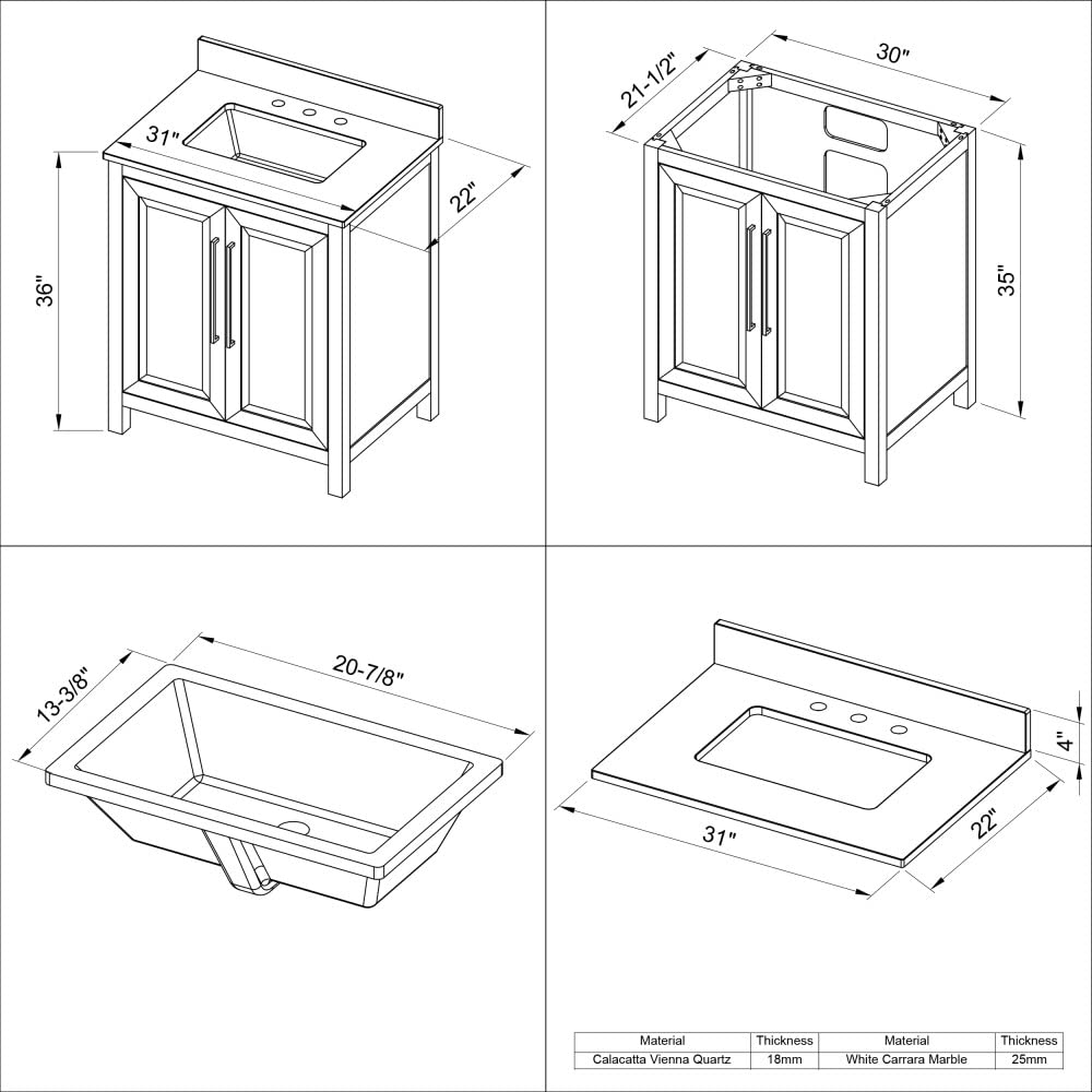 Jeffrey Alexander VKITCAD30WHWCR 30" White Cade Vanity, White Carrara Marble Vanity Top, undermount rectangle bowl