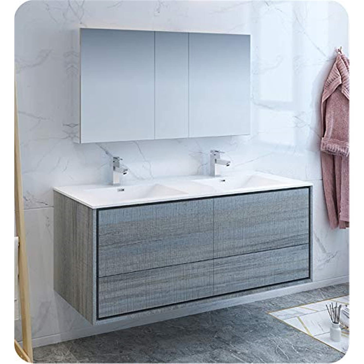 Fresca FVN9260OG-D Fresca Catania 60" Ocean Gray Wall Hung Double Sink Modern Bathroom Vanity w/ Medicine Cabinet