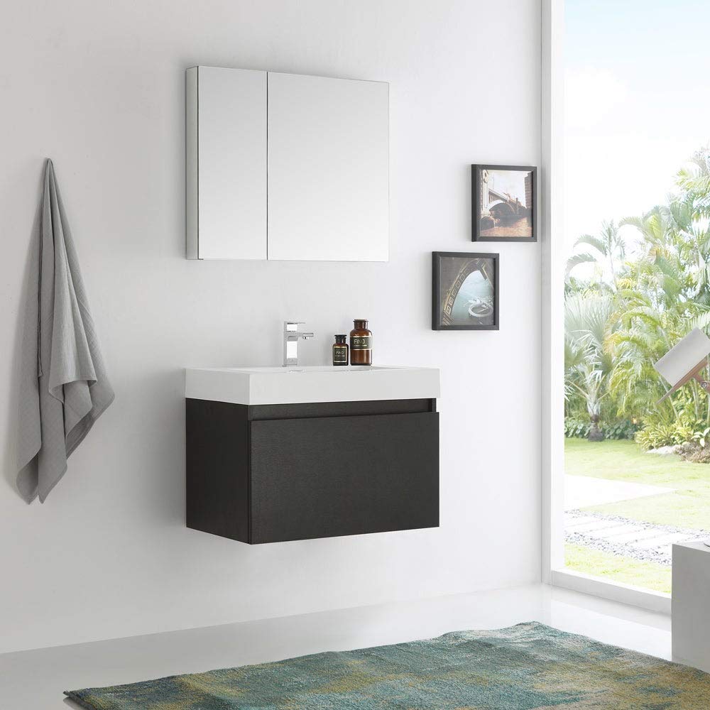Fresca FVN8007BW Fresca Mezzo 30" Black Wall Hung Modern Bathroom Vanity w/ Medicine Cabinet