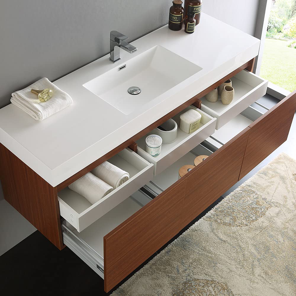 Fresca FCB8041BW-I Fresca Mezzo 60" Black Wall Hung Single Sink Modern Bathroom Cabinet w/ Integrated Sink