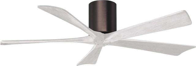 Matthews Fan IR5H-BB-MWH-52 Irene-5H five-blade flush mount paddle fan in Brushed Bronze finish with 52” solid matte white wood blades. 