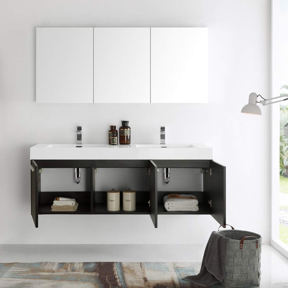 Fresca FVN8093TK-D Fresca Vista 60" Teak Wall Hung Double Sink Modern Bathroom Vanity w/ Medicine Cabinet