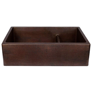Premier Copper Products KA70DB33229-SD5 33-Inch Hammered Copper Kitchen Apron 70/30 Double Basin Sink with Short 5-Inch Divider…