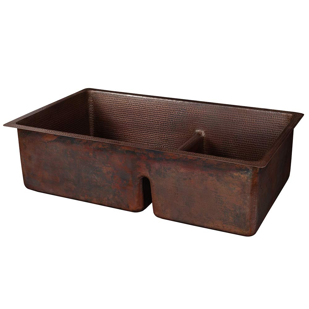 Premier Copper Products K60DB33199-SD5 33" Hammered Copper Kitchen 60/40 Double Basin Sink with Short 5" Divider