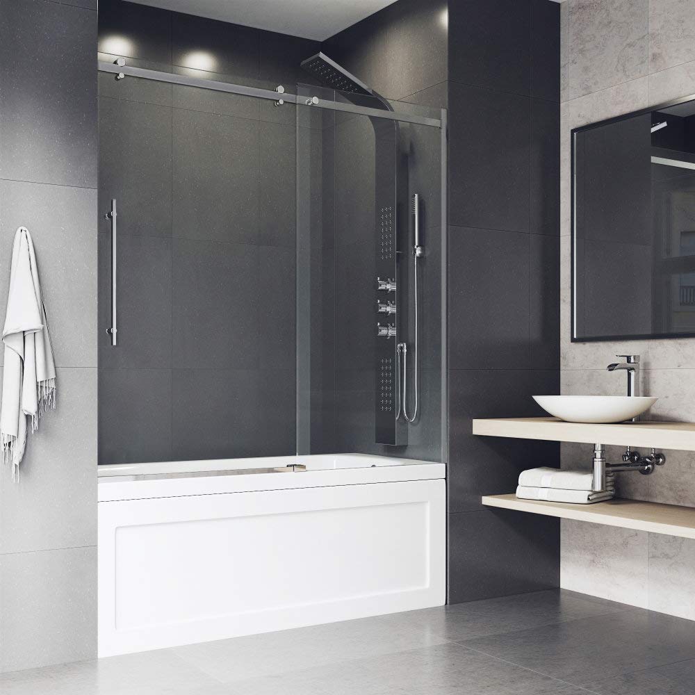 VIGO Adjustable 56-60" W x 58" H Luca Frameless Sliding Rectangle Tub Door with Clear Tempered Glass, Reversible Door Handle and Stainless Steel Hardware in Chrome-VG6043CHCL6058