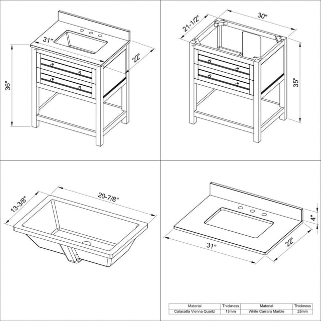 Jeffrey Alexander VKITAST30ESCQR 30" Espresso Astoria Vanity, Calacatta Vienna Quartz Vanity Top, undermount rectangle bowl
