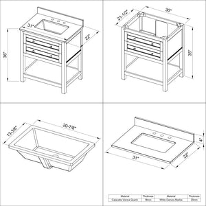 Jeffrey Alexander VKITAST30WHBOR 30" White Astoria Vanity, Boulder Cultured Marble Vanity Top, undermount rectangle bowl