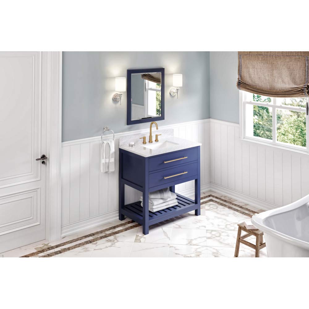 Jeffrey Alexander VKITWAV36BLWCR 36" Hale Blue Wavecrest Vanity, White Carrara Marble Vanity Top, undermount rectangle bowl