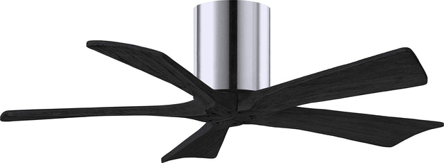 Matthews Fan IR5H-CR-BK-42 Irene-5H five-blade flush mount paddle fan in Polished Chrome finish with 42” solid matte black wood blades. 