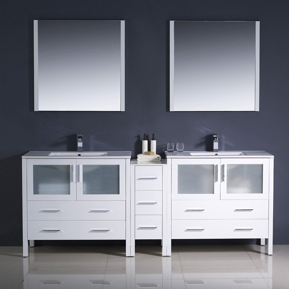Fresca FVN62-361236WH-UNS Fresca Torino 84" White Modern Double Sink Bathroom Vanity w/ Side Cabinet & Integrated Sinks