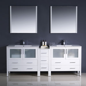 Fresca FVN62-361236WH-UNS Fresca Torino 84" White Modern Double Sink Bathroom Vanity w/ Side Cabinet & Integrated Sinks