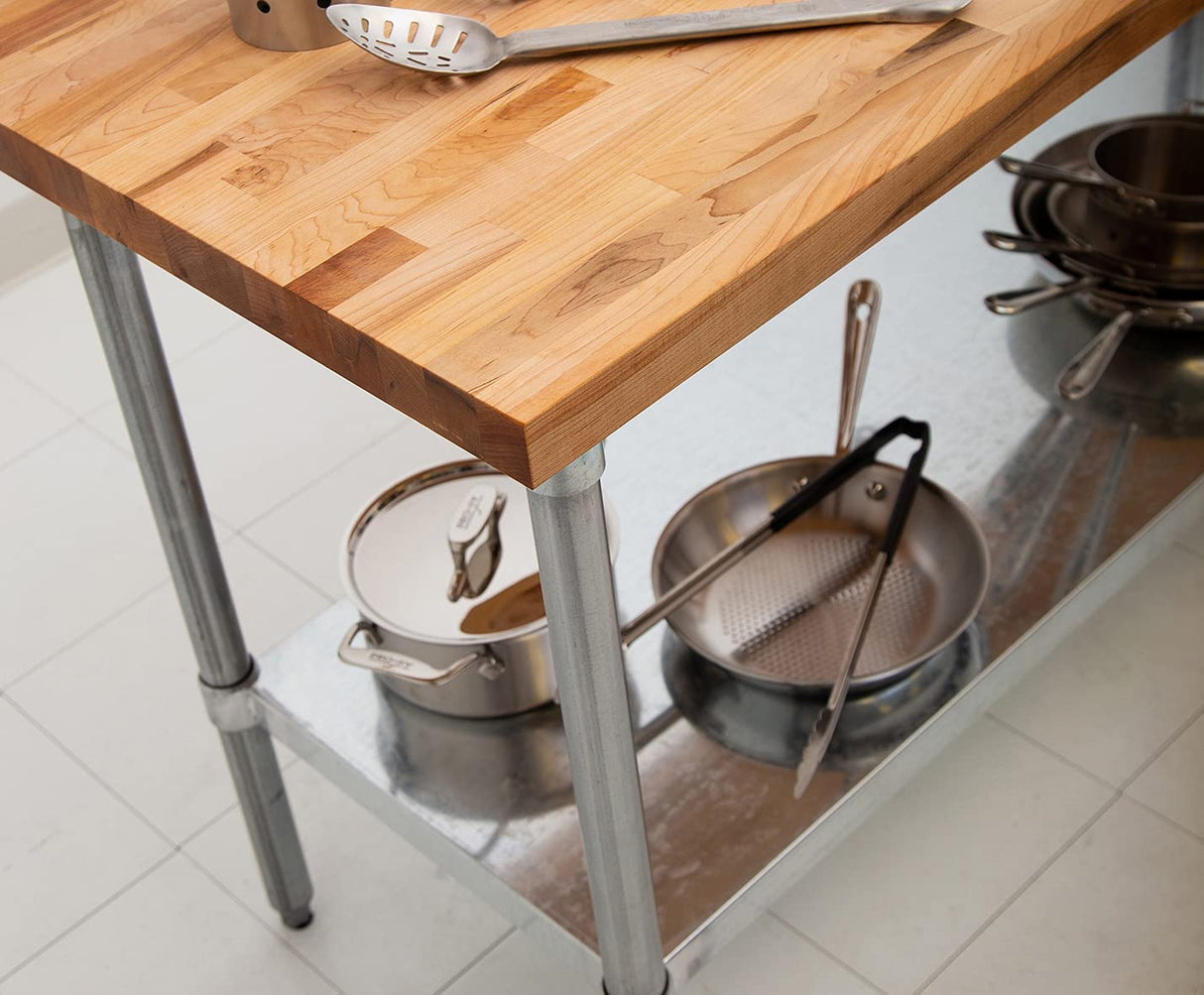 John Boos JNS21 Maple Top Work Table with Galvanized Steel Base and Adjustable Lower Shelf, 120" Long x 36" Wide 1-1/2" Thick