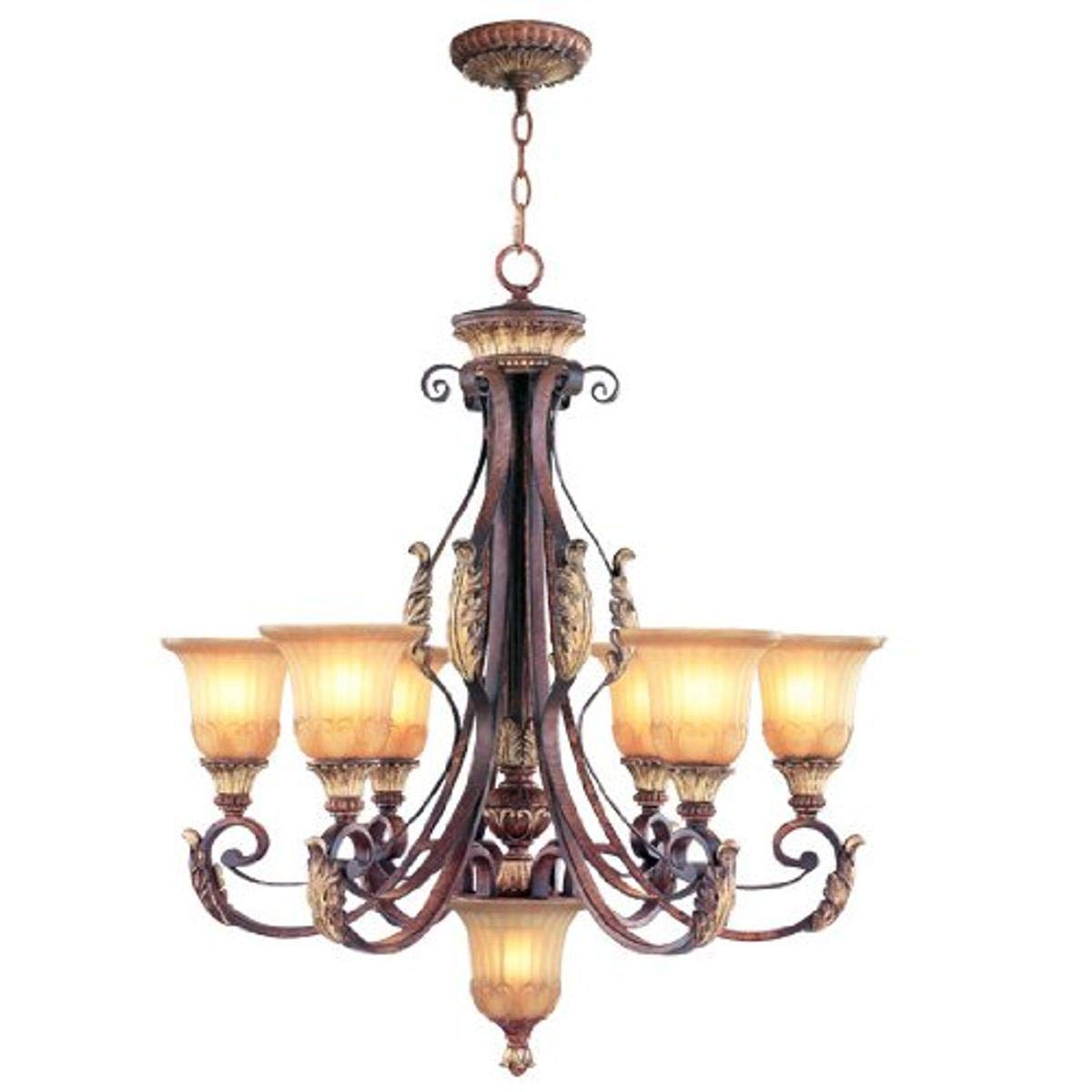 Livex Lighting 8576-63 Villa Verona 6 Light Verona Bronze Finish Chandelier with Aged Gold Leaf Accents and Rustic Art Glass