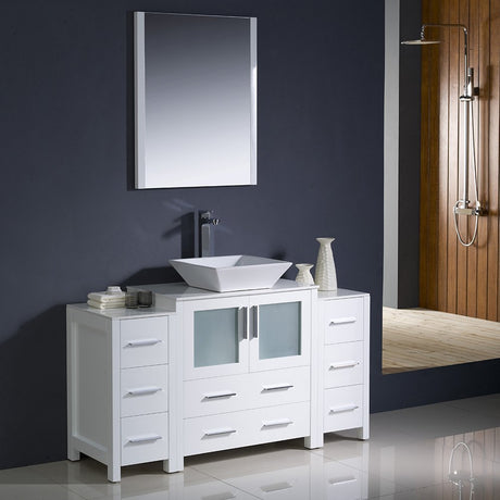 Fresca FVN62-123012WH-VSL Fresca Torino 54" White Modern Bathroom Vanity w/ 2 Side Cabinets & Vessel Sink