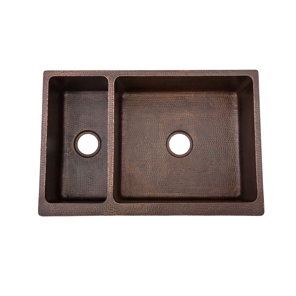 Premier Copper Products KA25DB33229 33-Inch Hammered Copper Kitchen Apron 25/75 Double Basin Sink, Oil Rubbed Bronze