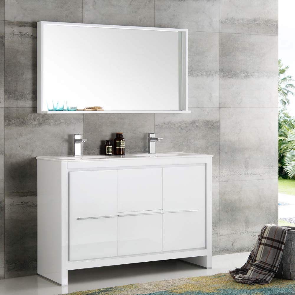 Fresca FVN8148WH-D Fresca Allier 48" White Modern Double Sink Bathroom Vanity w/ Mirror