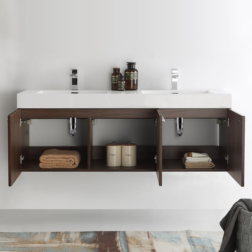 Fresca FCB8093TK-D-I Fresca Vista 60" Teak Wall Hung Double Sink Modern Bathroom Cabinet w/ Integrated Sink