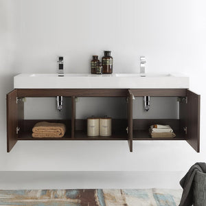 Fresca FCB8093TK-D-I Fresca Vista 60" Teak Wall Hung Double Sink Modern Bathroom Cabinet w/ Integrated Sink