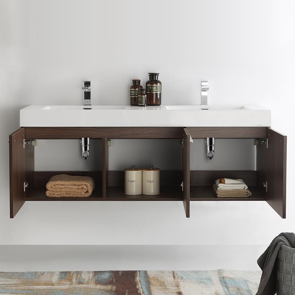 Fresca FCB8093GW-D Fresca Vista 60" Walnut Wall Hung Double Sink Modern Bathroom Cabinet