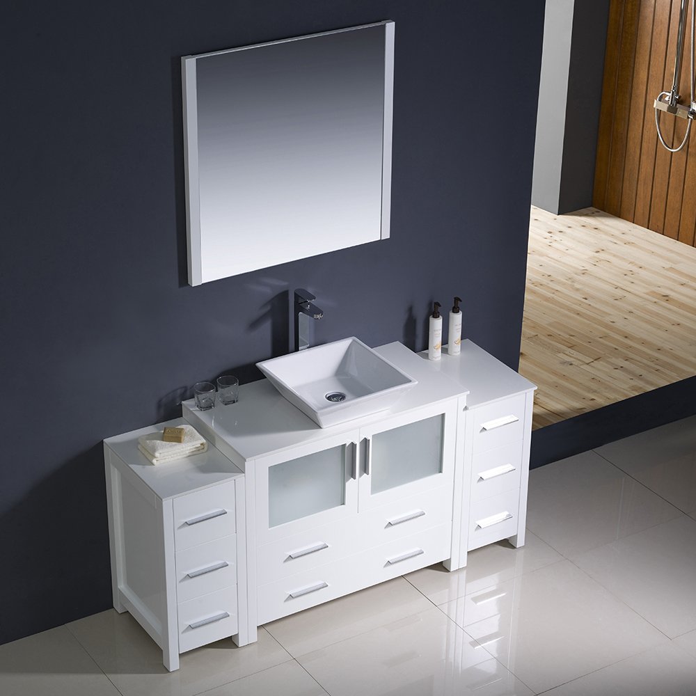 Fresca FVN62-123612WH-VSL Fresca Torino 60" White Modern Bathroom Vanity w/ 2 Side Cabinets & Vessel Sink
