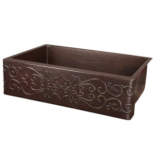 Premier Copper Products KASDB33229S 33-Inch Hammered Copper Kitchen Apron Single Basin Sink with Scroll Design, Oil Rubbed Bronze