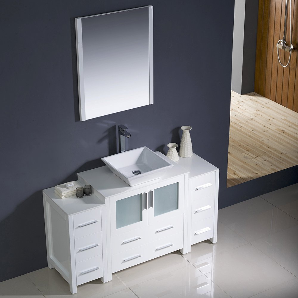 Fresca FVN62-123012WH-VSL Fresca Torino 54" White Modern Bathroom Vanity w/ 2 Side Cabinets & Vessel Sink