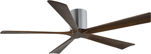 Matthews Fan IR5H-CR-WA-60 Irene-5H five-blade flush mount paddle fan in Polished Chrome finish with 60” solid walnut tone blades. 