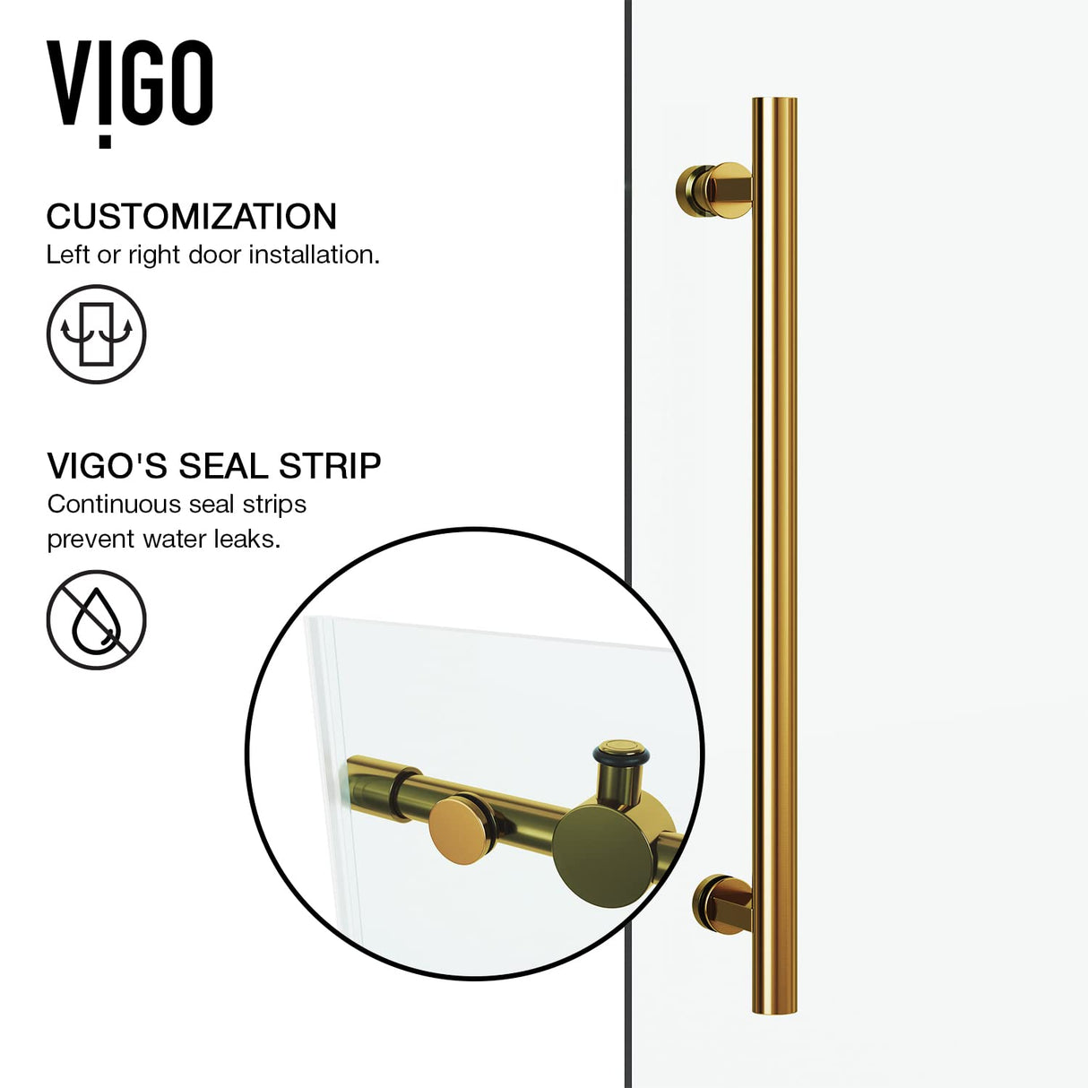 VIGO Adjustable 44-48" W x 74" H Elan Frameless Sliding Shower Door with Clear Tempered Glass, Reversible Handle in Matte Brushed Gold