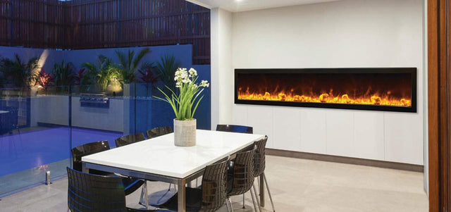 Amantii BI-88-DEEP-OD Panorama Deep Full View Smart Electric  - 88" Indoor /Outdoor WiFi Enabled Fireplace, featuring a MultiFunction Remote, Multi Speed Flame Motor, Glass Media & a Black Trim