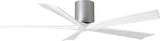 Matthews Fan IR5H-BN-MWH-60 Irene-5H five-blade flush mount paddle fan in Brushed Nickel finish with 60” solid matte white wood blades. 