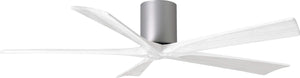 Matthews Fan IR5H-BN-MWH-60 Irene-5H five-blade flush mount paddle fan in Brushed Nickel finish with 60” solid matte white wood blades. 