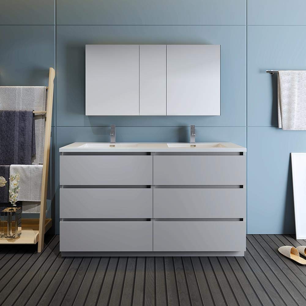 Fresca FVN93-3030GR-D Fresca Lazzaro 60" Gray Free Standing Double Sink Modern Bathroom Vanity w/ Medicine Cabinet