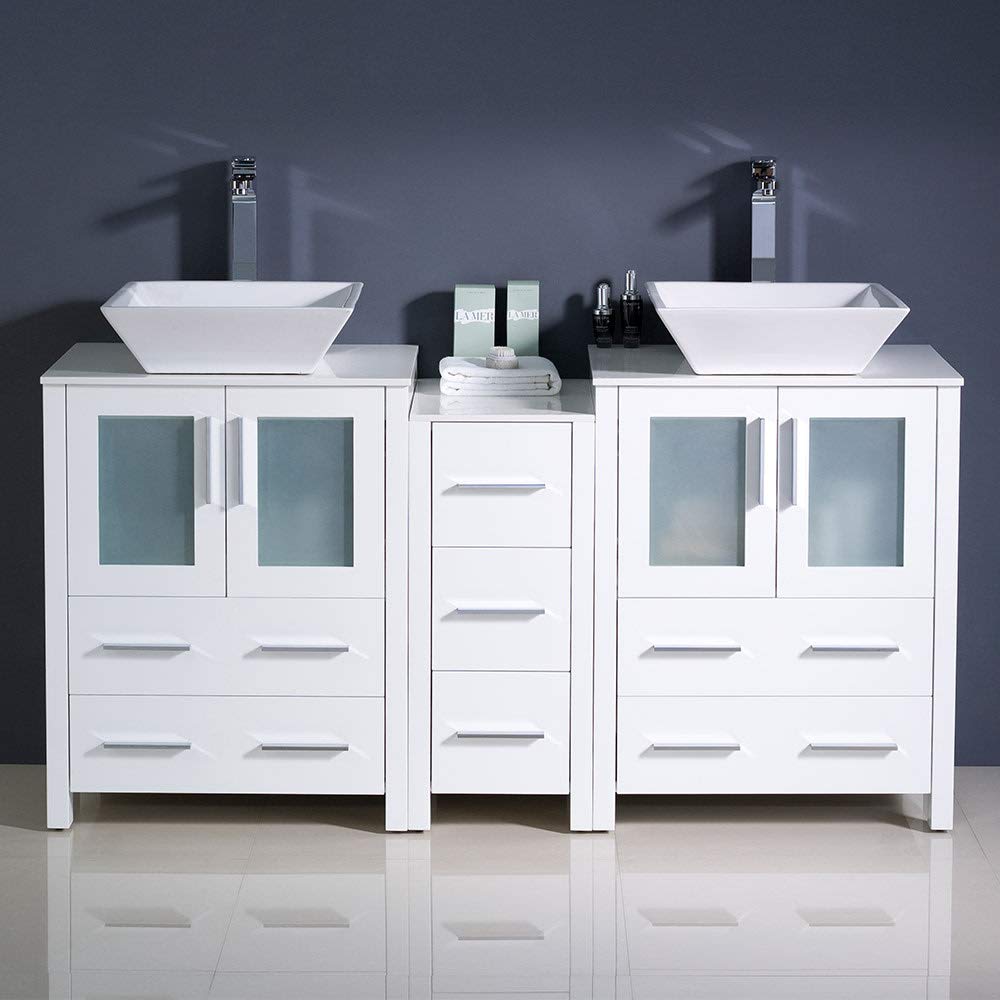 Fresca FCB62-241224WH-CWH-V Fresca Torino 60" White Modern Double Sink Bathroom Cabinets w/ Tops & Vessel Sinks