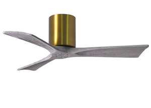Matthews Fan IR3H-BRBR-BW-42 Irene-3H three-blade flush mount paddle fan in Brushed Brass finish with 42” solid barn wood tone blades. 