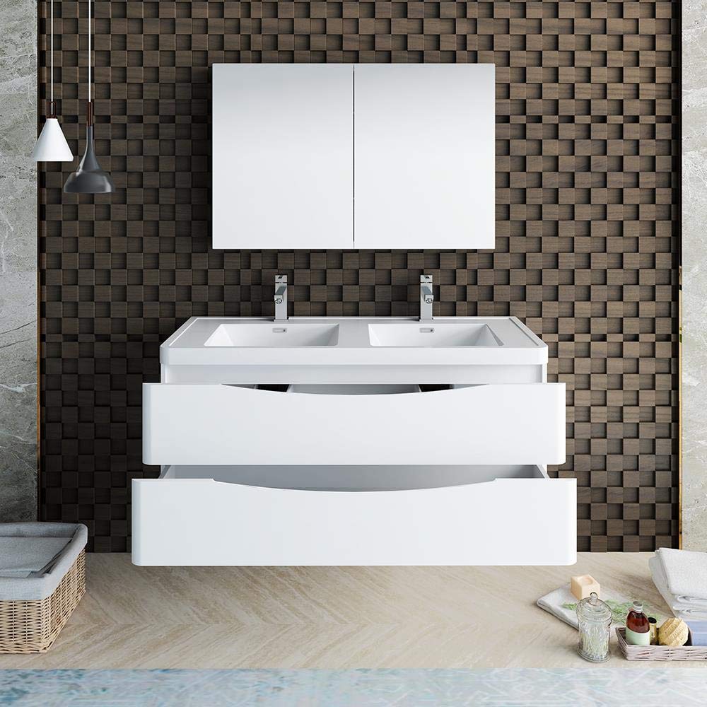 Fresca FVN9048WH-D Fresca Tuscany 48" Glossy White Wall Hung Double Sink Modern Bathroom Vanity w/ Medicine Cabinet