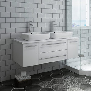 Fresca FCB6148WH-VSL-D-CWH-V Fresca Lucera 48" White Wall Hung Modern Bathroom Cabinet w/ Top & Double Vessel Sinks